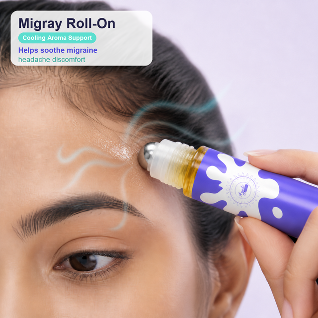 Migrey Roll-On applied on the forehead with cooling aroma support for migraine discomfort