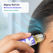 Migrey Roll-On applied to the right forehead during monsoon headache discomfort