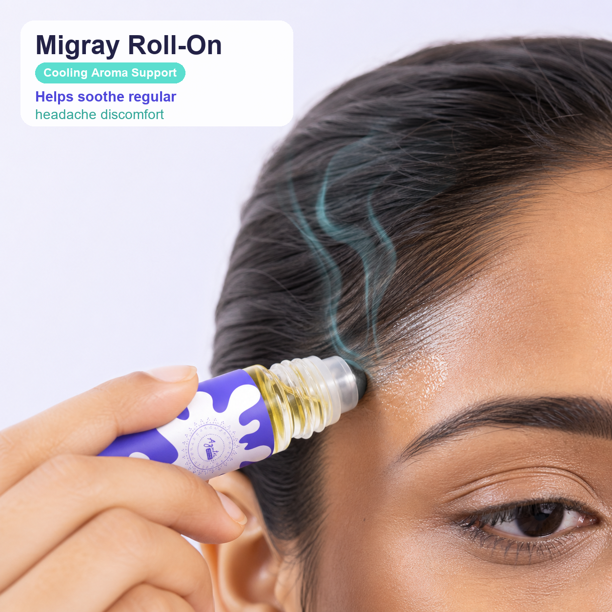 Migrey Roll-On applied on the forehead with cooling aroma support for regular headache discomfort